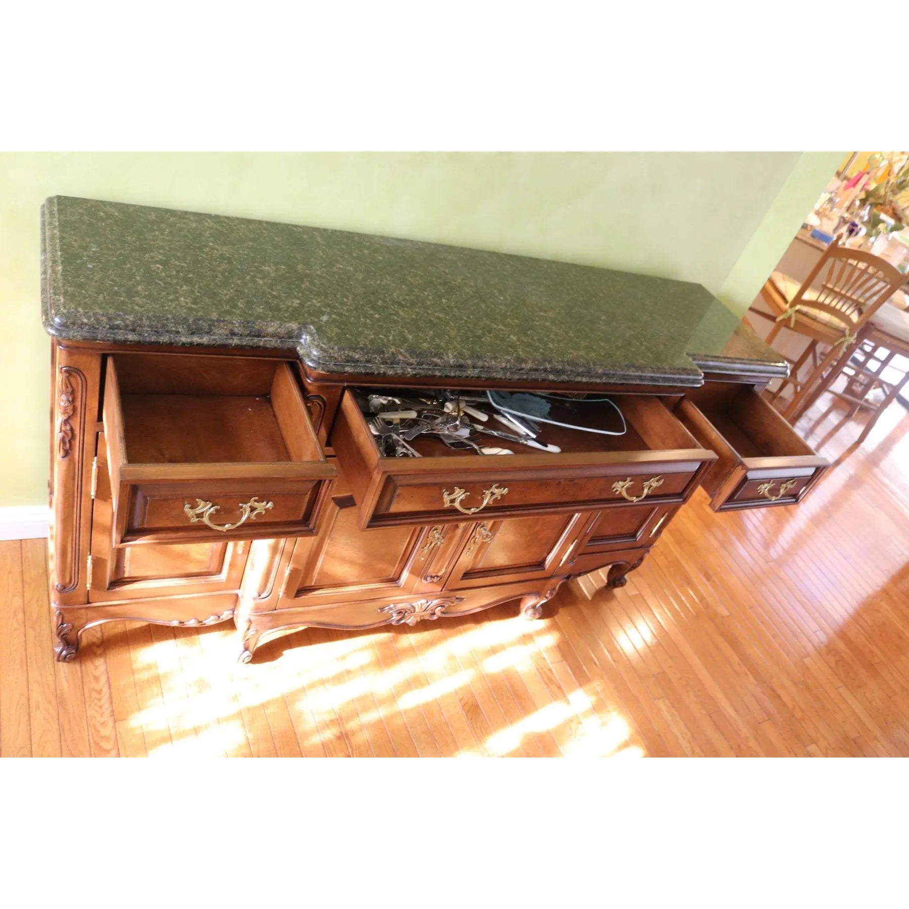 71” Bau Furniture French Louis XV Burl Wood And Green Marble Sideboard Buffet