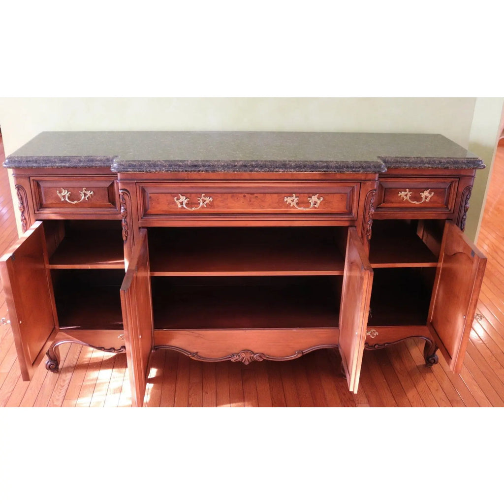71” Bau Furniture French Louis XV Burl Wood And Green Marble Sideboard Buffet