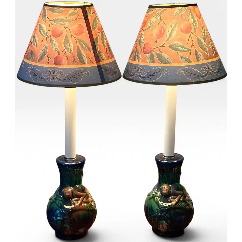 Vintage Majolica Style Glazed Ceramic Monkey Table Lamps - A Pair