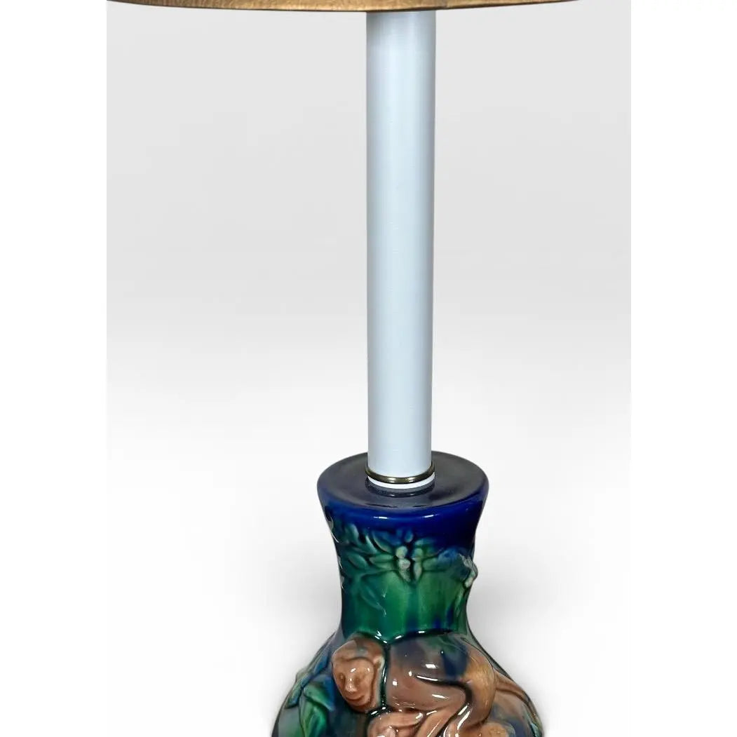 Vintage Majolica Style Glazed Ceramic Monkey Table Lamps - A Pair