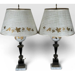 Mid-Century Neoclassical Brass and Painted Milk Glass Grapevine Lamps - A Pair