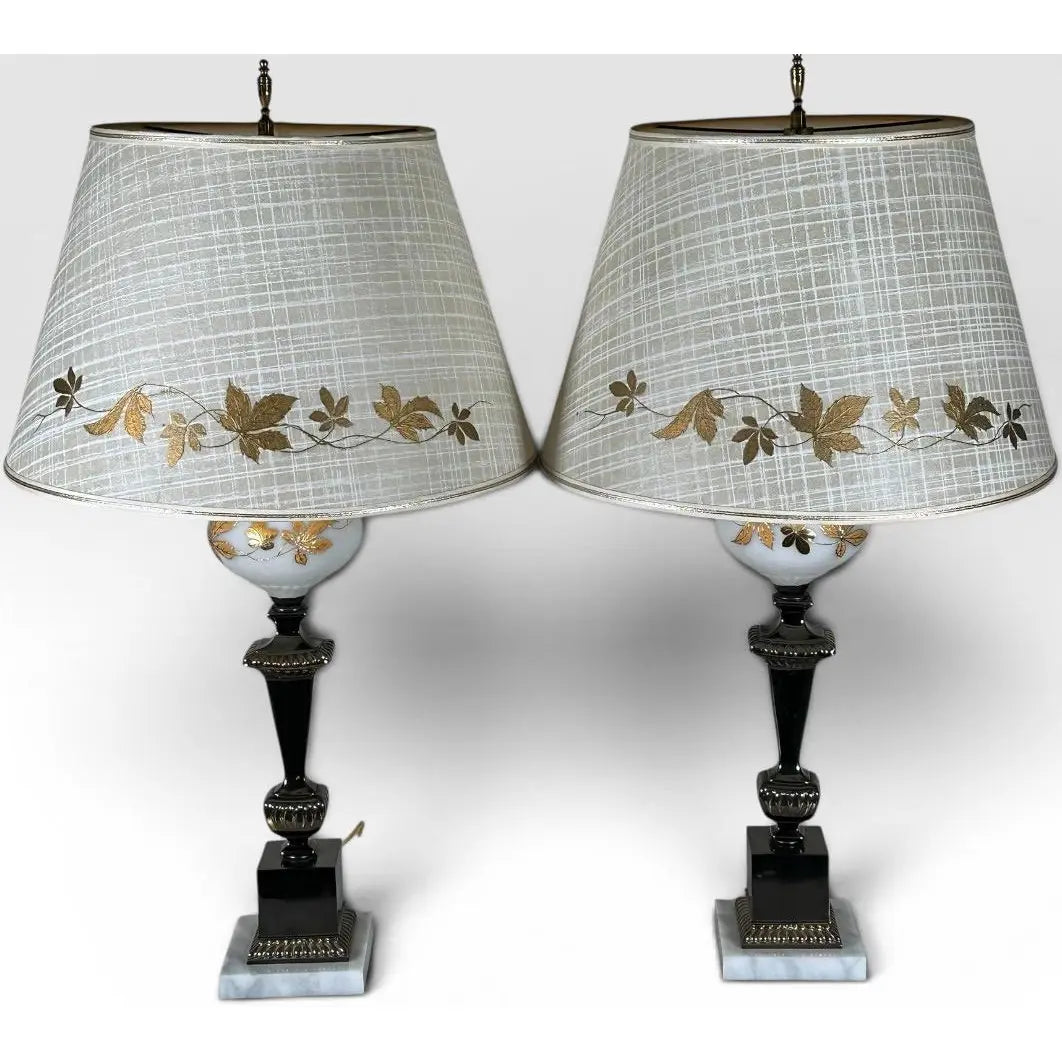 Mid-Century Neoclassical Brass and Painted Milk Glass Grapevine Lamps - A Pair