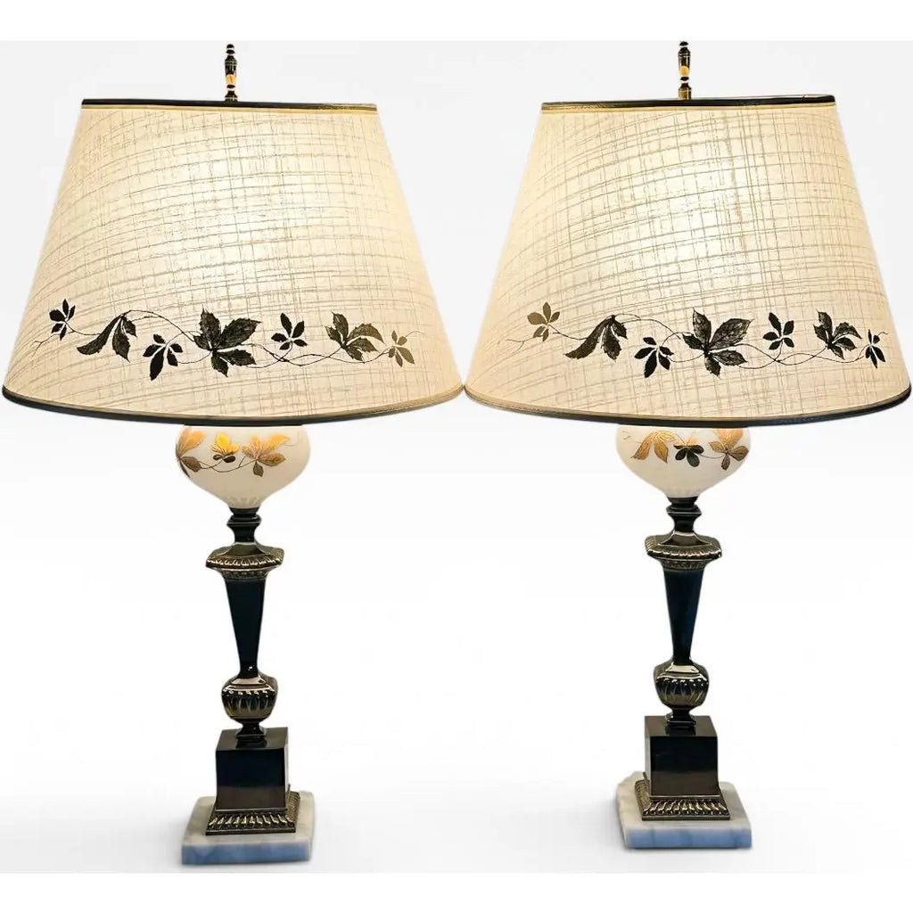 Mid-Century Neoclassical Brass and Painted Milk Glass Grapevine Lamps - A Pair