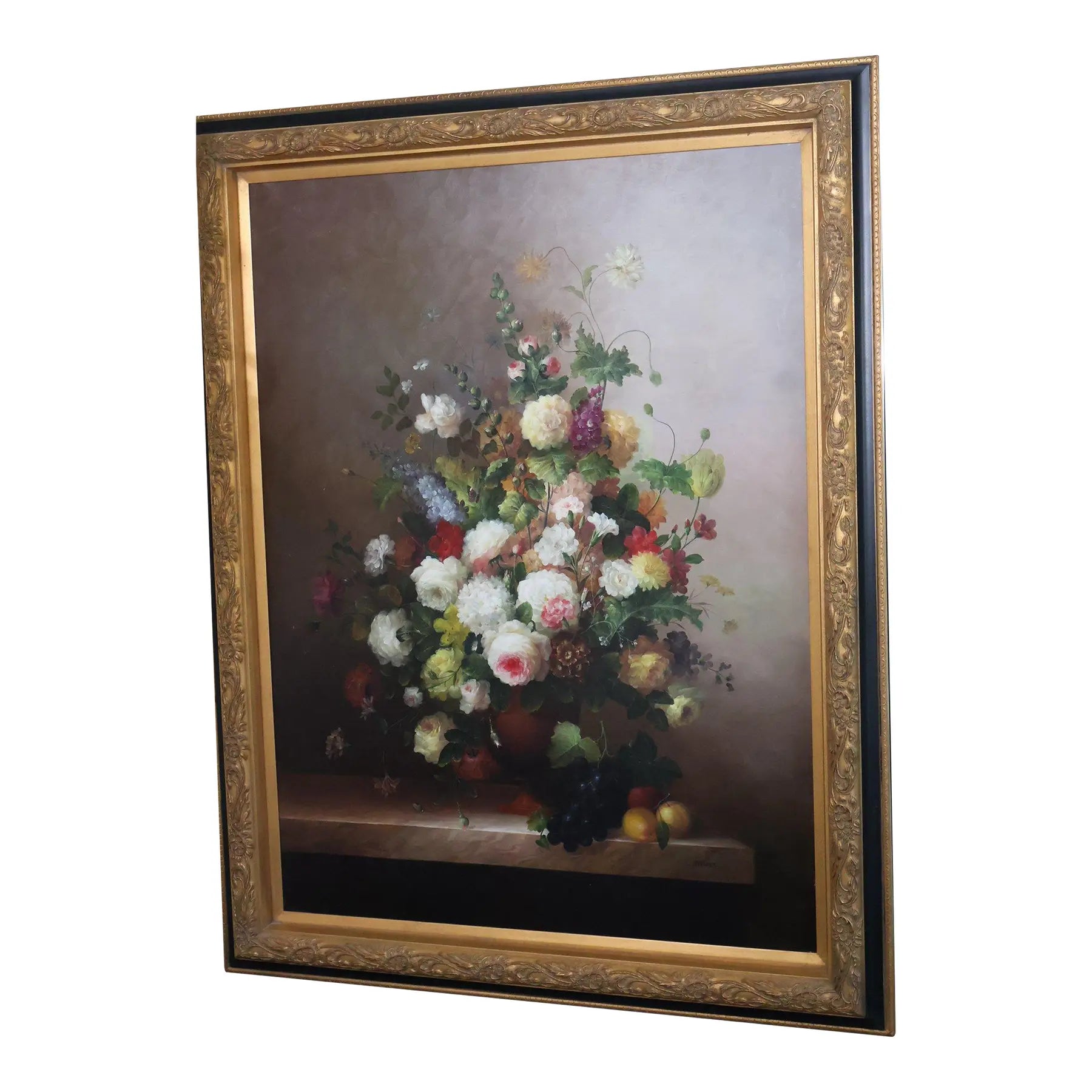 57" Signed L. Stewart Dutch Master Style Floral Oil Painting, Large Gilt Frame, Grand Manner Still Life, Museum Scale Art
