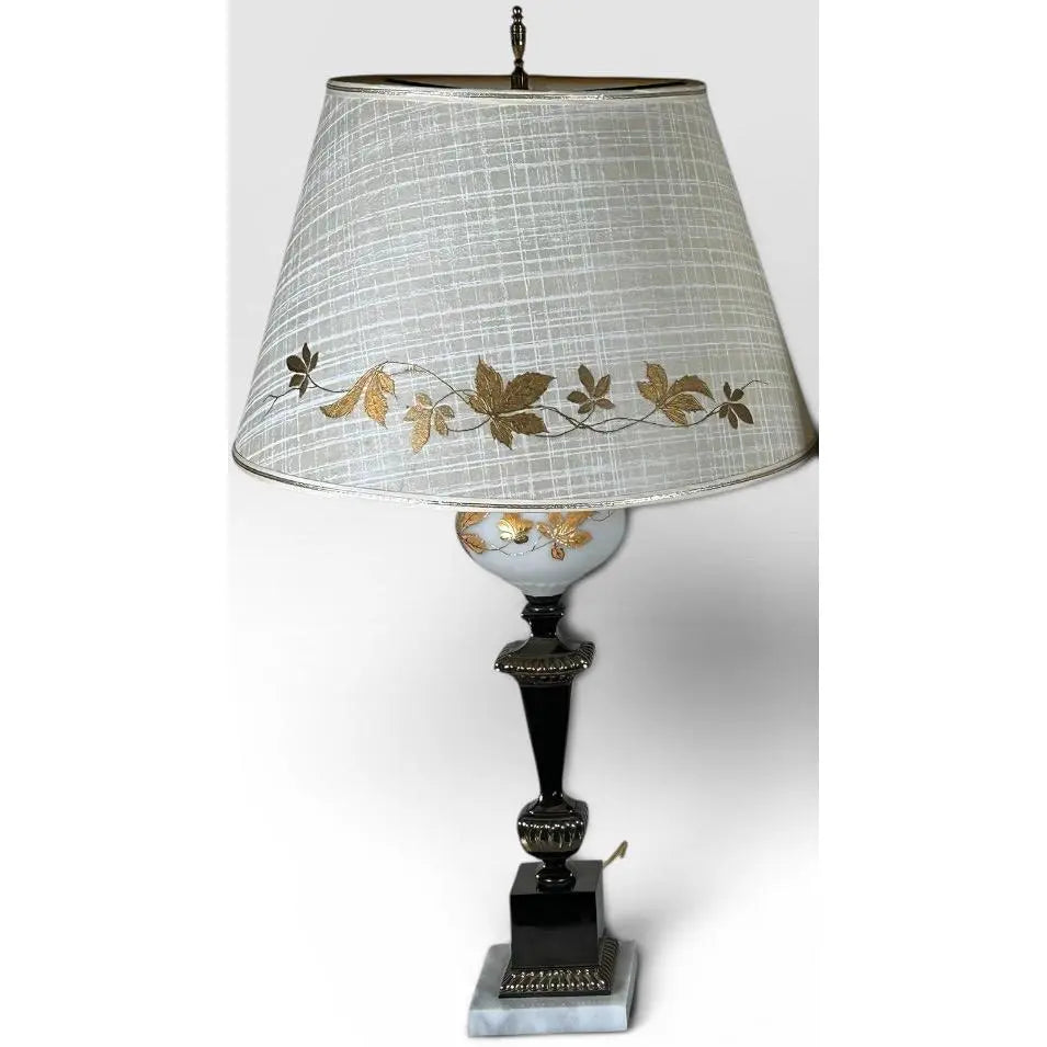 Mid-Century Neoclassical Brass and Painted Milk Glass Grapevine Lamps - A Pair