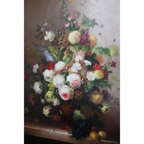 57" Signed L. Stewart Dutch Master Style Floral Oil Painting, Large Gilt Frame, Grand Manner Still Life, Museum Scale Art