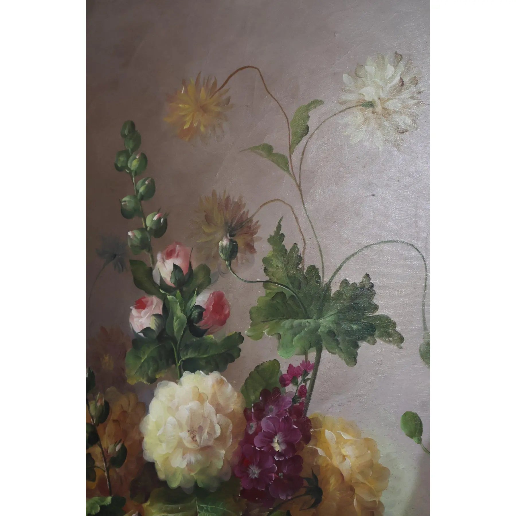 57" Signed L. Stewart Dutch Master Style Floral Oil Painting, Large Gilt Frame, Grand Manner Still Life, Museum Scale Art