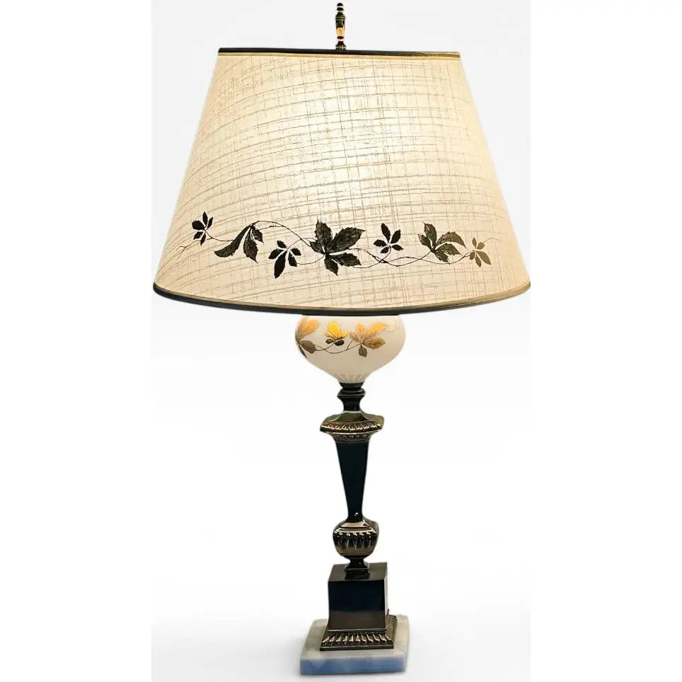 Mid-Century Neoclassical Brass and Painted Milk Glass Grapevine Lamps - A Pair