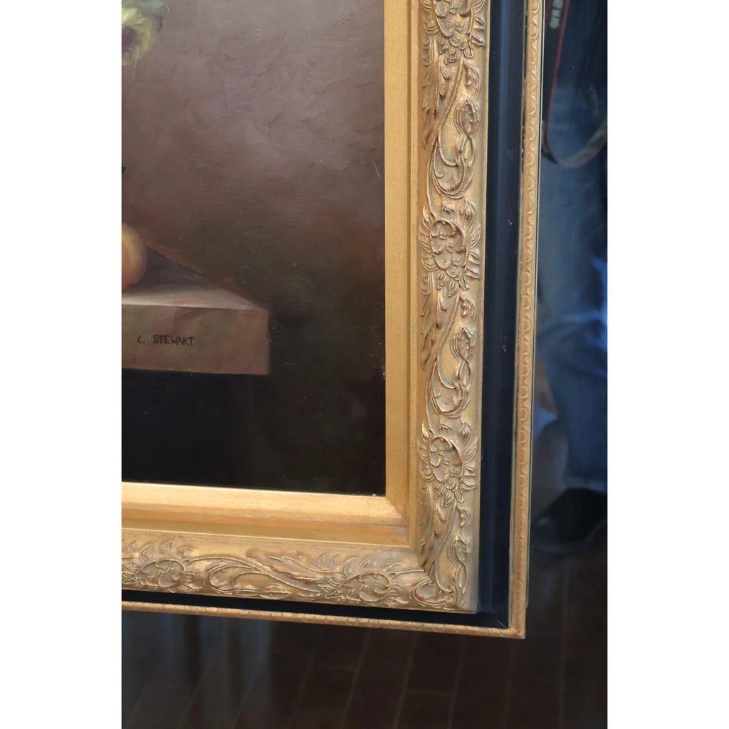 57" Signed L. Stewart Dutch Master Style Floral Oil Painting, Large Gilt Frame, Grand Manner Still Life, Museum Scale Art