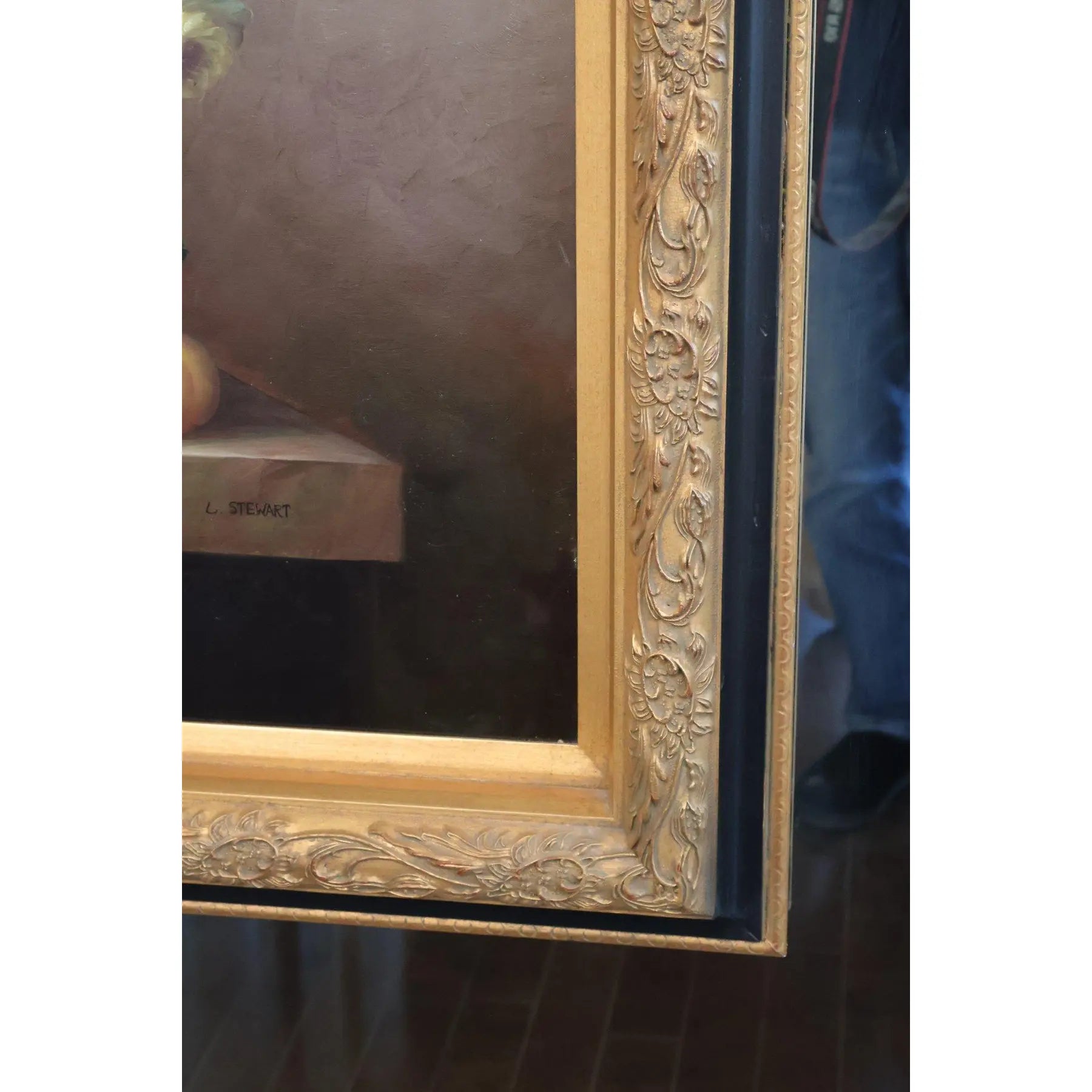 57" Signed L. Stewart Dutch Master Style Floral Oil Painting, Large Gilt Frame, Grand Manner Still Life, Museum Scale Art