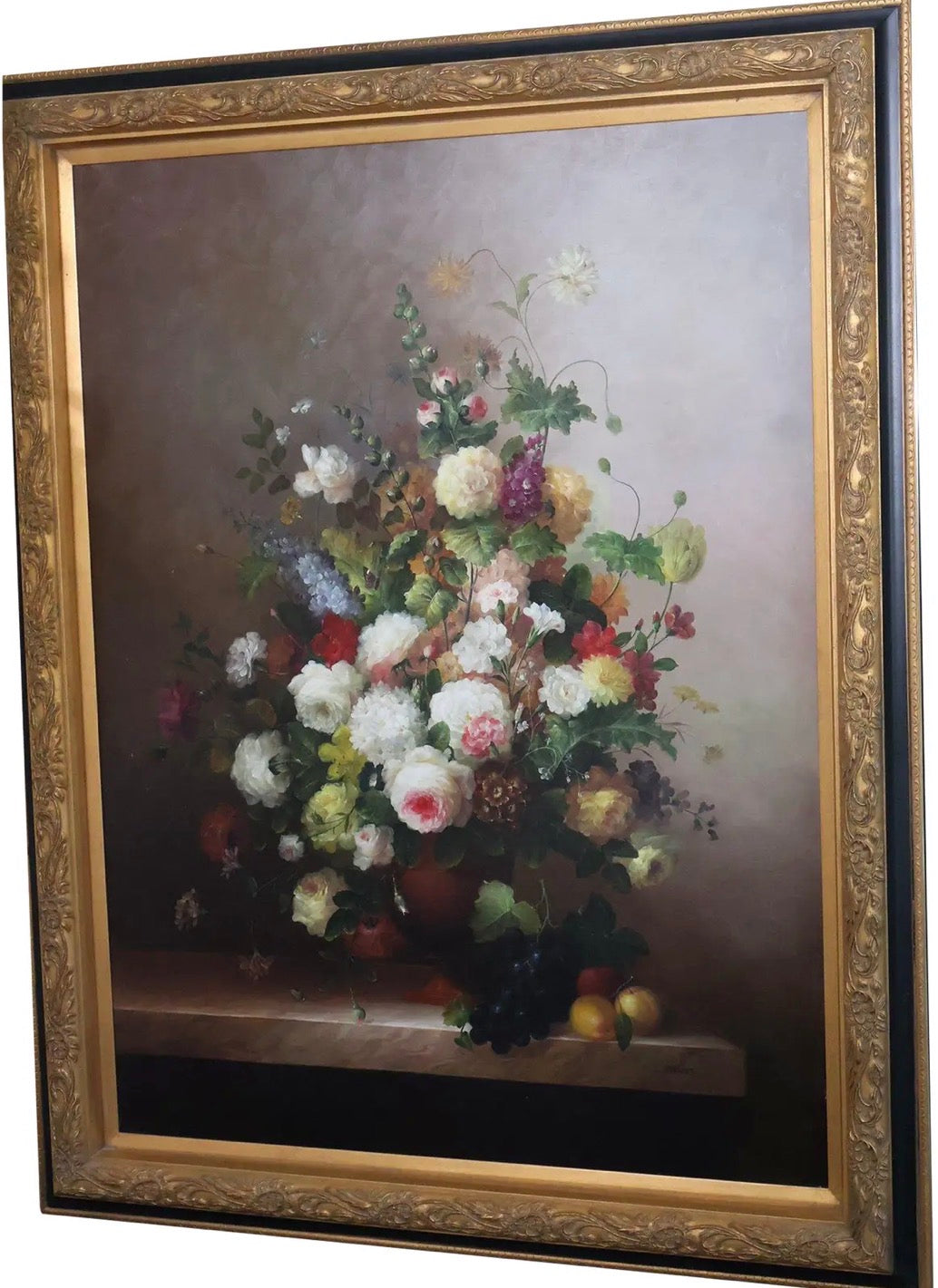 57" Signed L. Stewart Dutch Master Style Floral Oil Painting, Large Gilt Frame, Grand Manner Still Life, Museum Scale Art