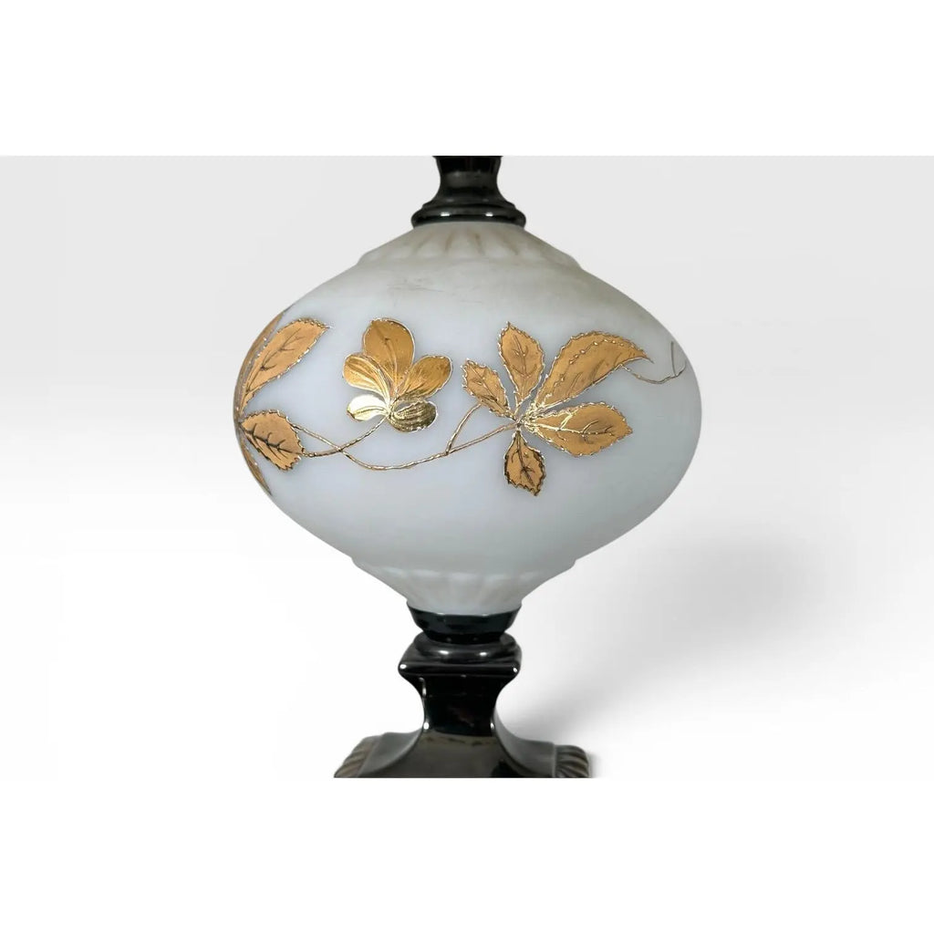 Mid-Century Neoclassical Brass and Painted Milk Glass Grapevine Lamps - A Pair
