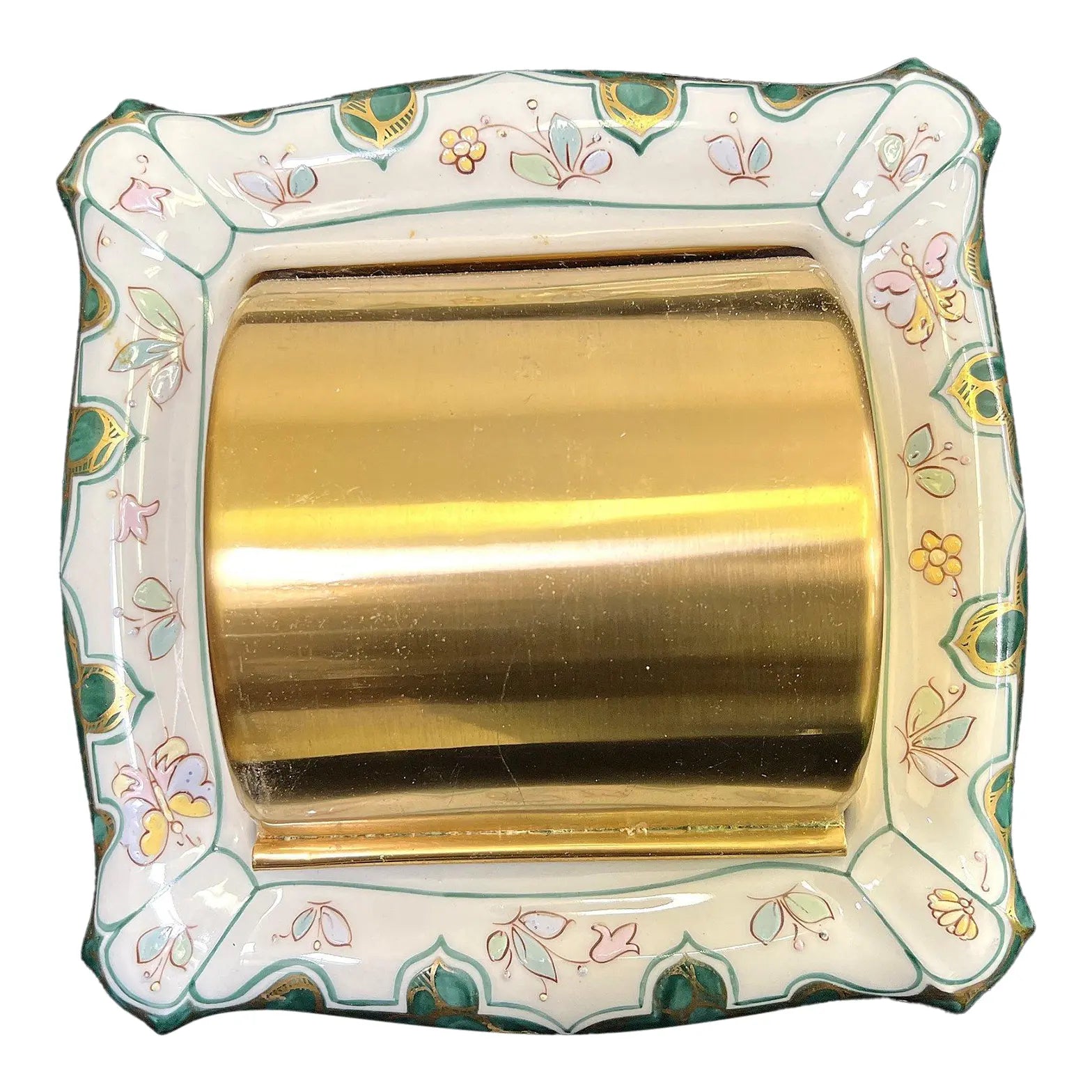 Vintage Sherle Wagner Italian Hand-Painted Chinoiserie 4-Piece Vanity Set - Malachite Green & 24K Gold - Rare Recessed TP Holder