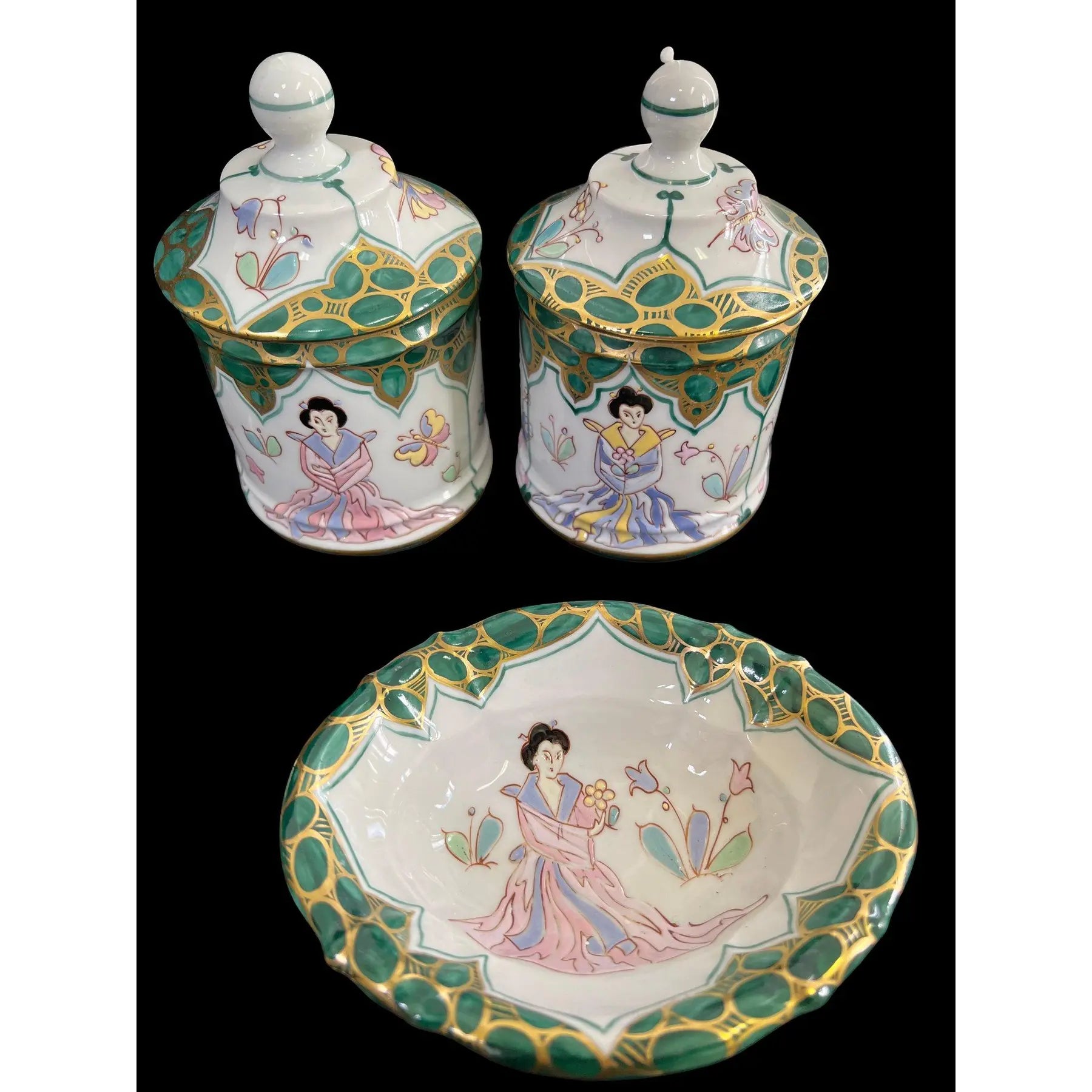 Vintage Sherle Wagner Italian Hand-Painted Chinoiserie 4-Piece Vanity Set - Malachite Green & 24K Gold - Rare Recessed TP Holder