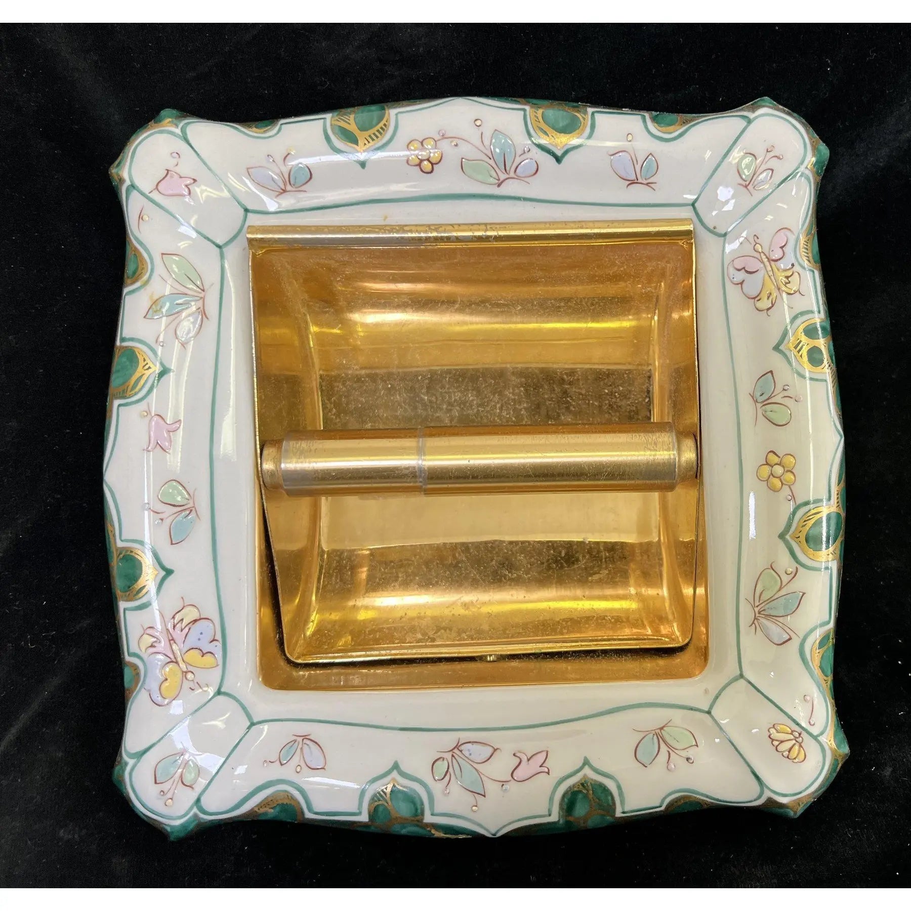 Vintage Sherle Wagner Italian Hand-Painted Chinoiserie 4-Piece Vanity Set - Malachite Green & 24K Gold - Rare Recessed TP Holder