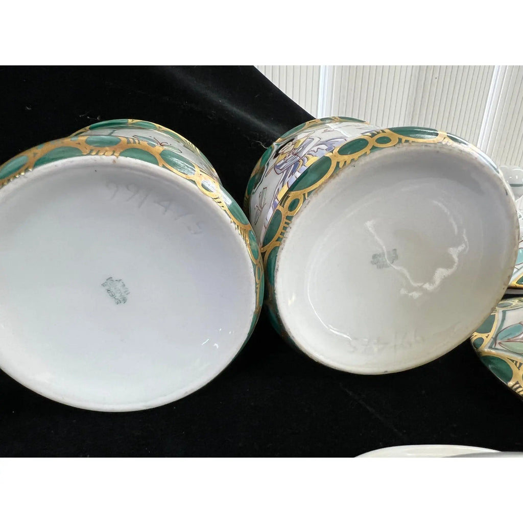 Vintage Sherle Wagner Italian Hand-Painted Chinoiserie 4-Piece Vanity Set - Malachite Green & 24K Gold - Rare Recessed TP Holder