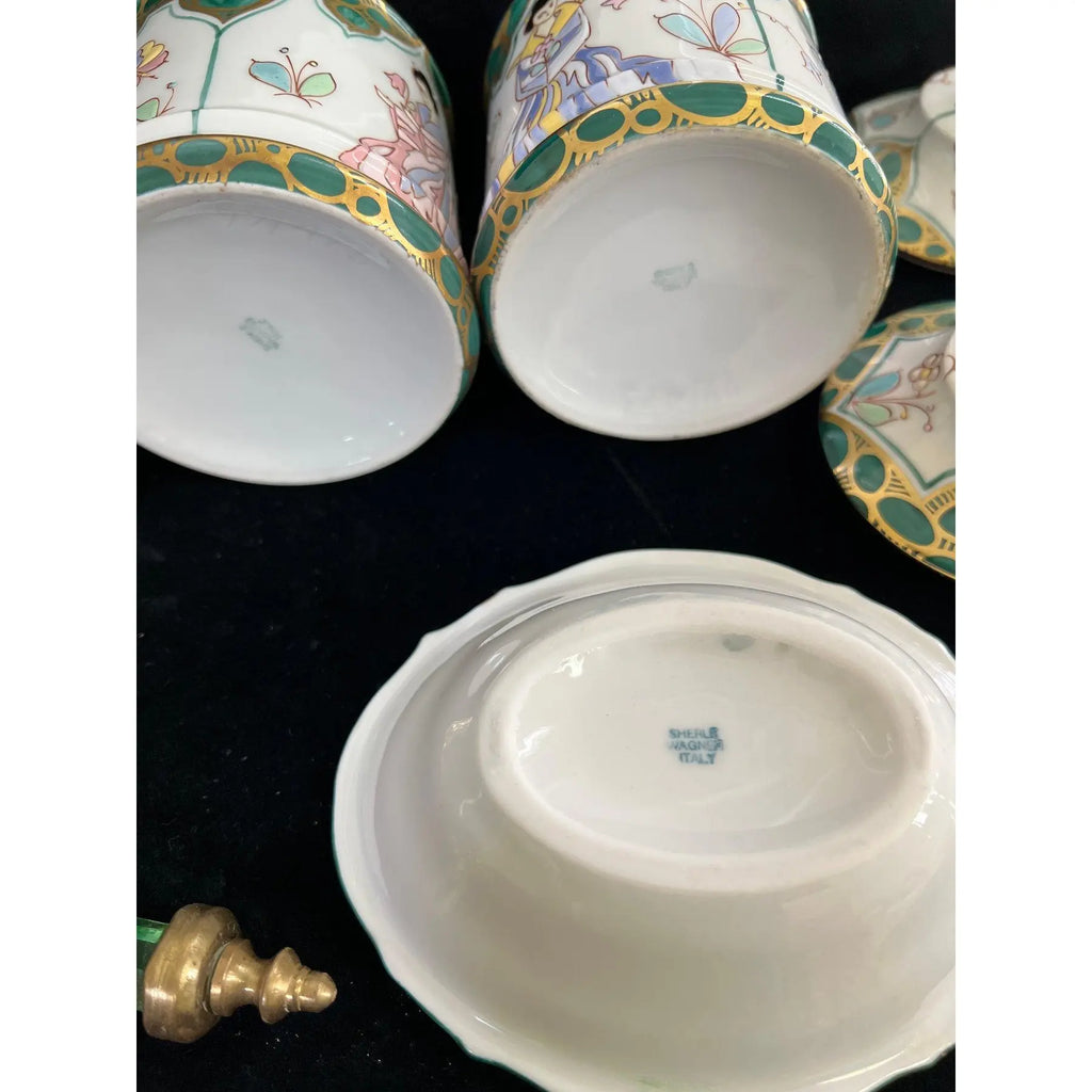 Vintage Sherle Wagner Italian Hand-Painted Chinoiserie 4-Piece Vanity Set - Malachite Green & 24K Gold - Rare Recessed TP Holder