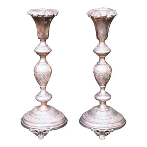 Pair of 12-Inch Antique Norblin and Co. Warsaw Silver-Plate Sabbath Candlesticks - Ornate Victorian Repoussé Judaica