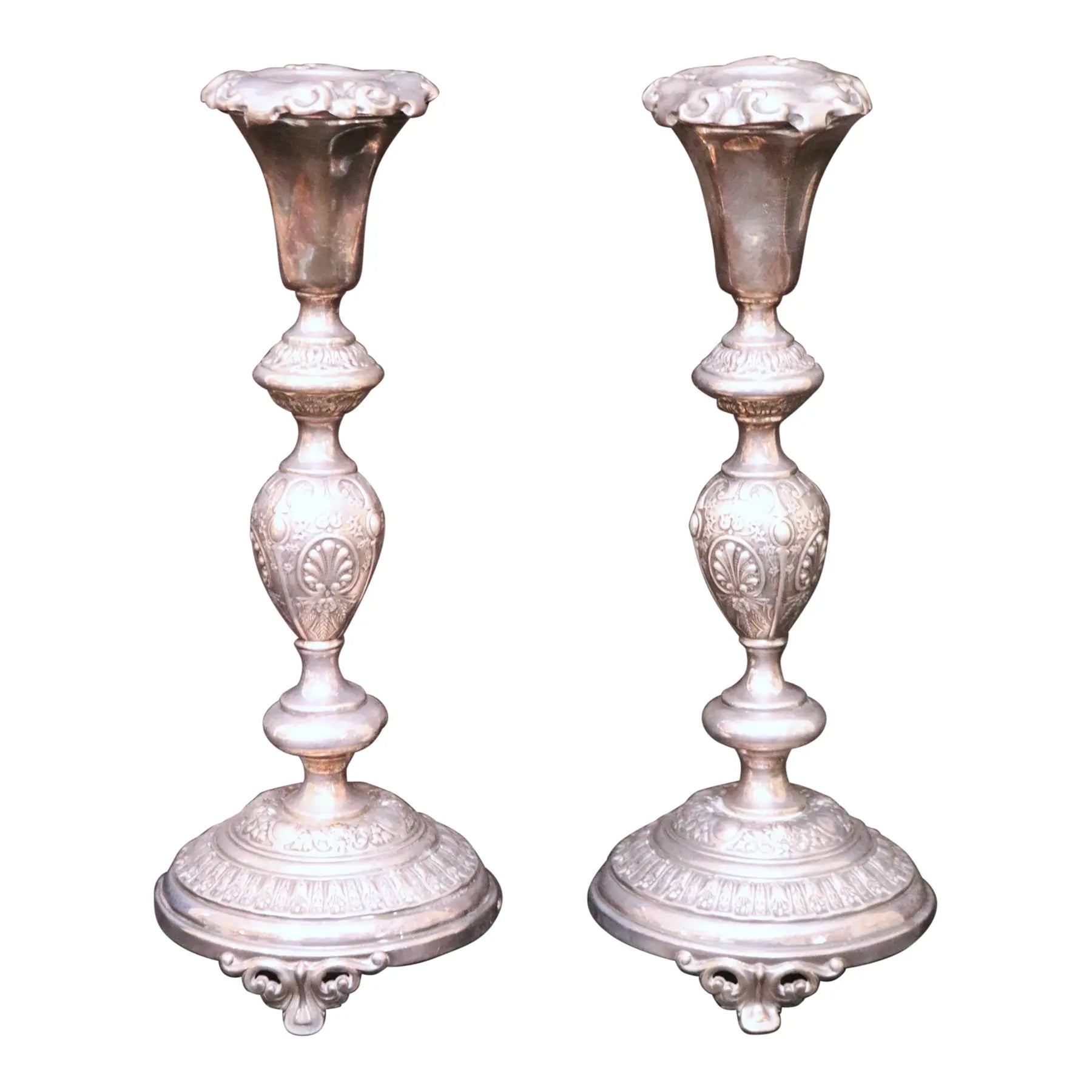 Pair of 12-Inch Antique Norblin and Co. Warsaw Silver-Plate Sabbath Candlesticks - Ornate Victorian Repoussé Judaica