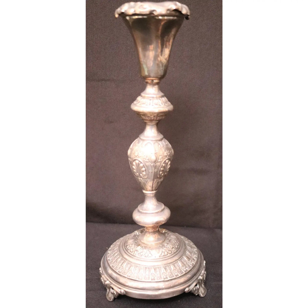 Pair of 12-Inch Antique Norblin and Co. Warsaw Silver-Plate Sabbath Candlesticks - Ornate Victorian Repoussé Judaica