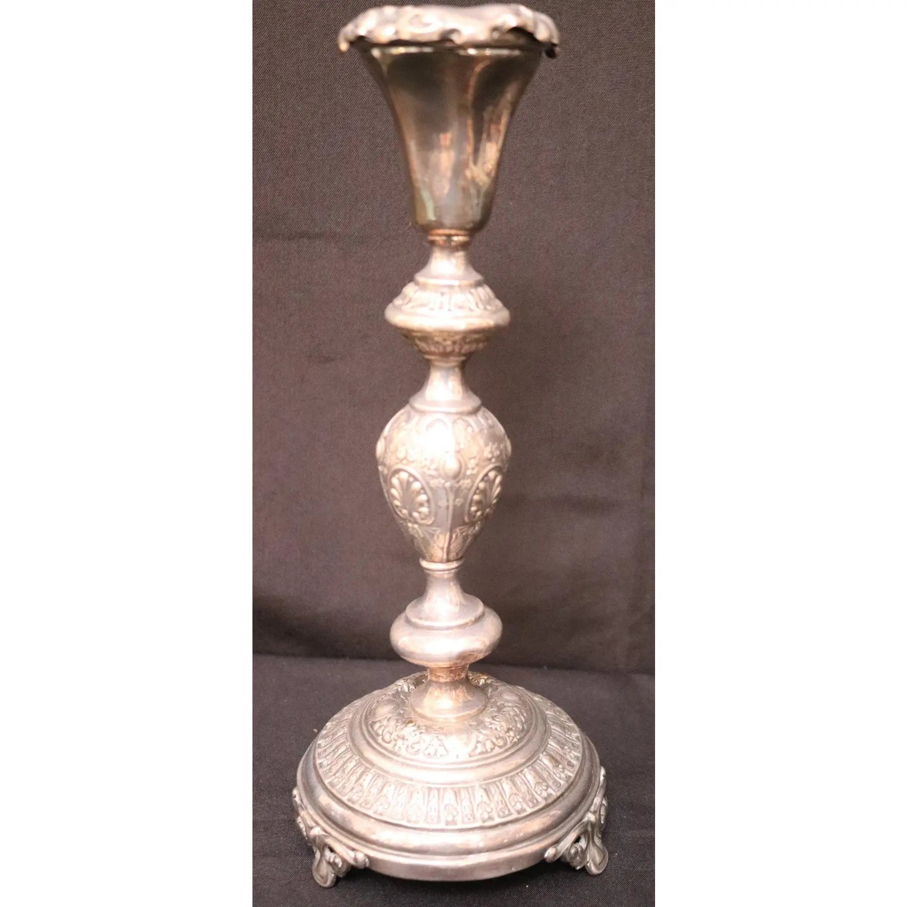 Pair of 12-Inch Antique Norblin and Co. Warsaw Silver-Plate Sabbath Candlesticks - Ornate Victorian Repoussé Judaica