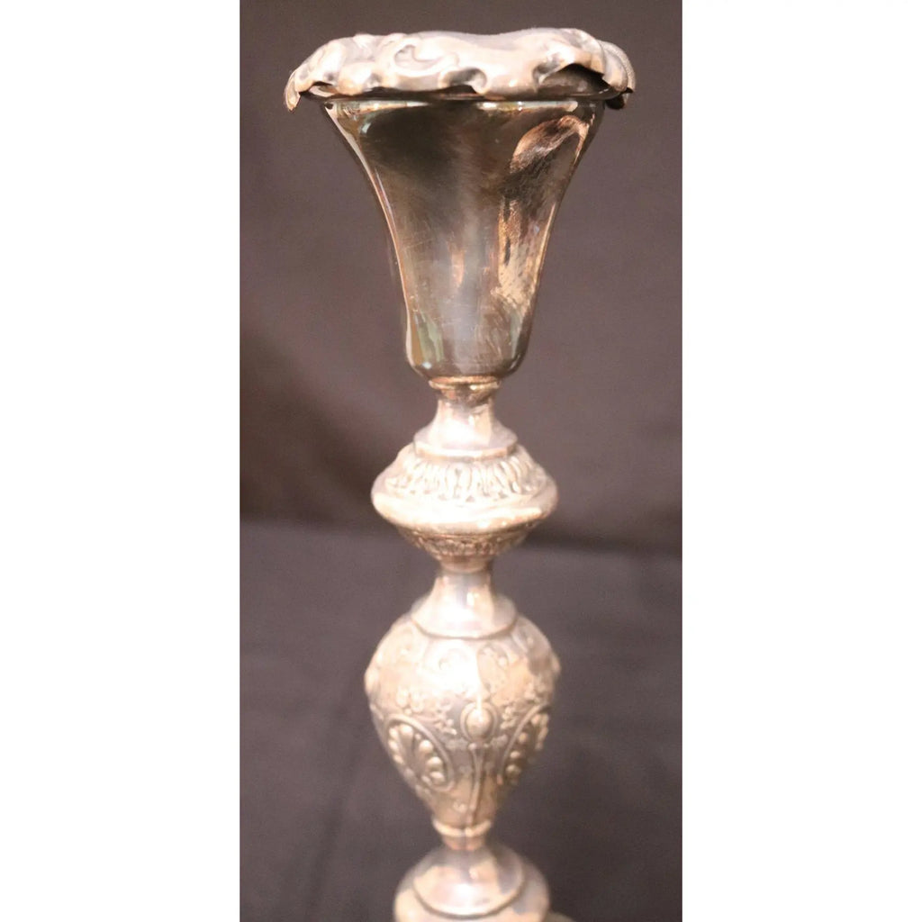 Pair of 12-Inch Antique Norblin and Co. Warsaw Silver-Plate Sabbath Candlesticks - Ornate Victorian Repoussé Judaica