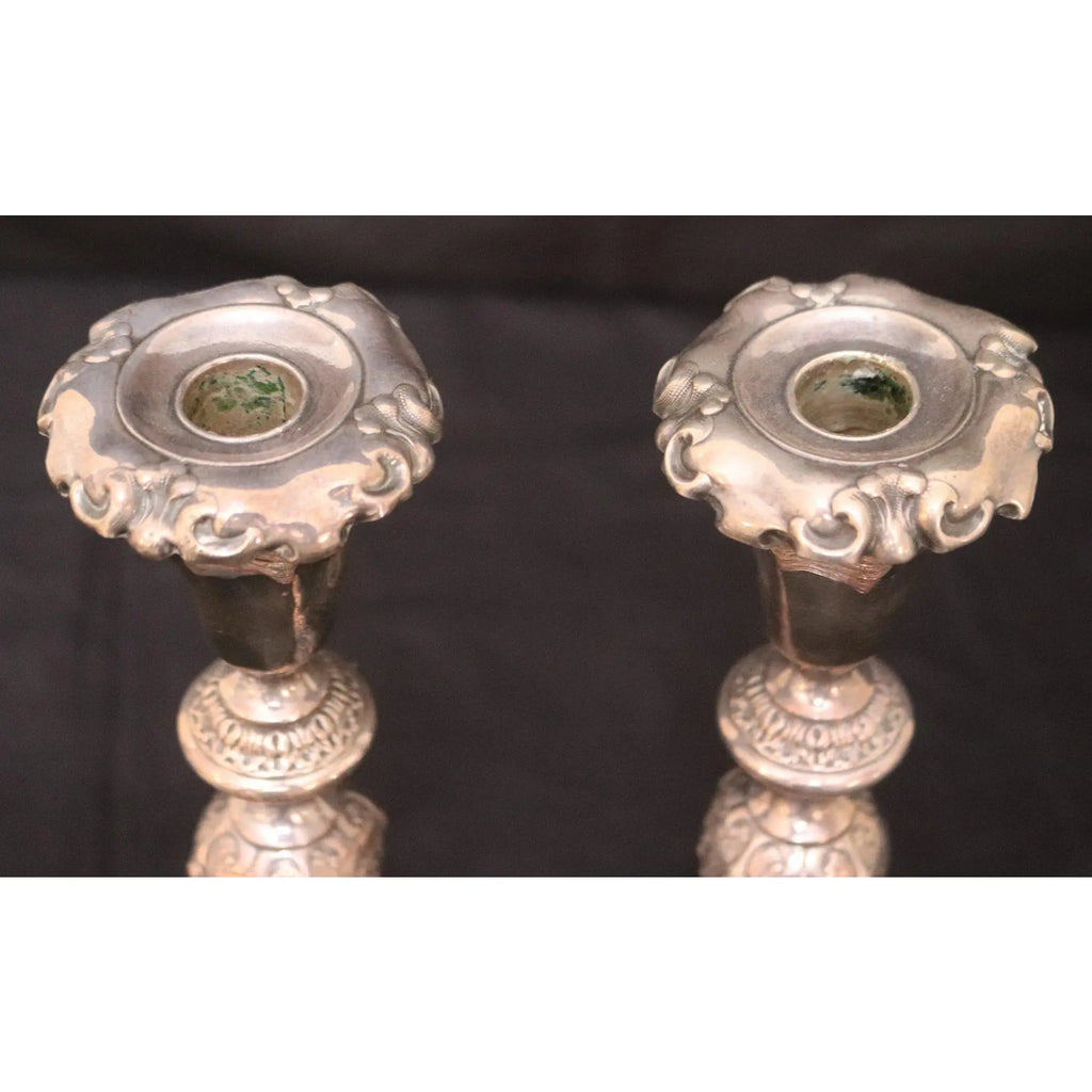 Pair of 12-Inch Antique Norblin and Co. Warsaw Silver-Plate Sabbath Candlesticks - Ornate Victorian Repoussé Judaica