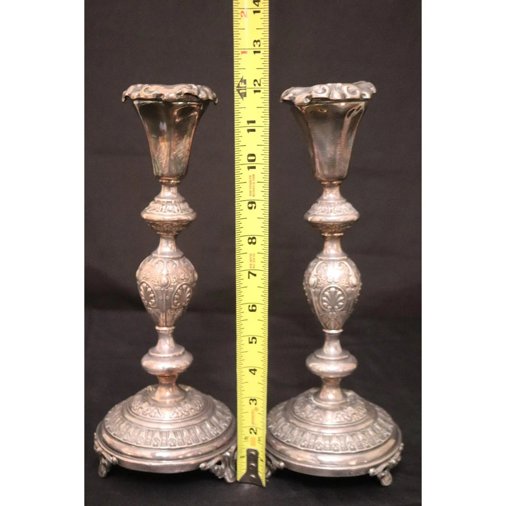 Pair of 12-Inch Antique Norblin and Co. Warsaw Silver-Plate Sabbath Candlesticks - Ornate Victorian Repoussé Judaica