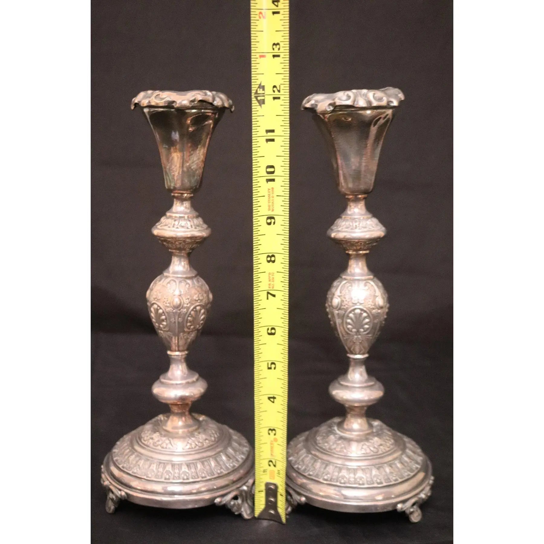 Pair of 12-Inch Antique Norblin and Co. Warsaw Silver-Plate Sabbath Candlesticks - Ornate Victorian Repoussé Judaica