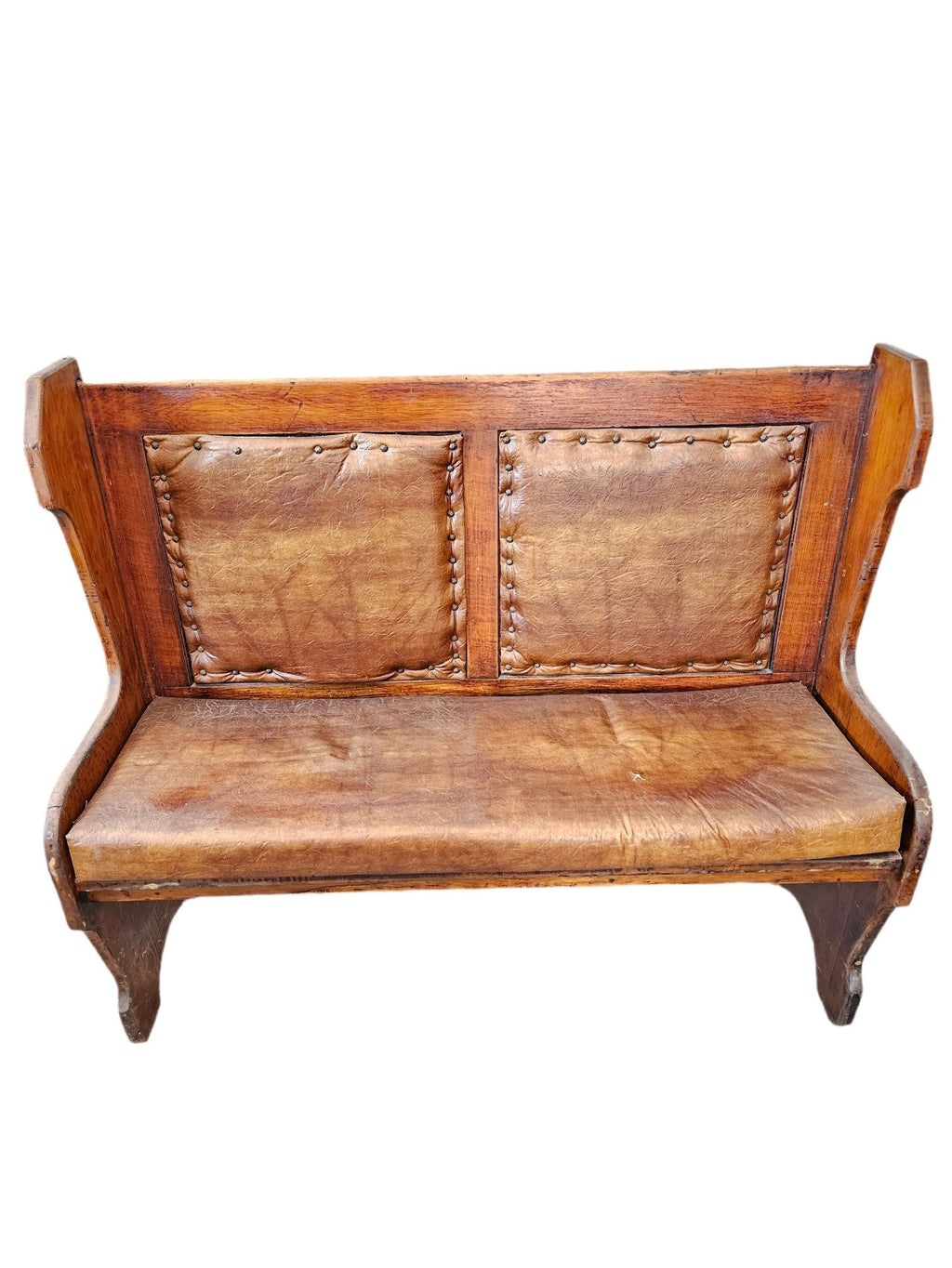Matched Pair Of Antique Nineteenth Century Primitive Country Pine High Back Settle Benches With Leather Backing And Cushions
