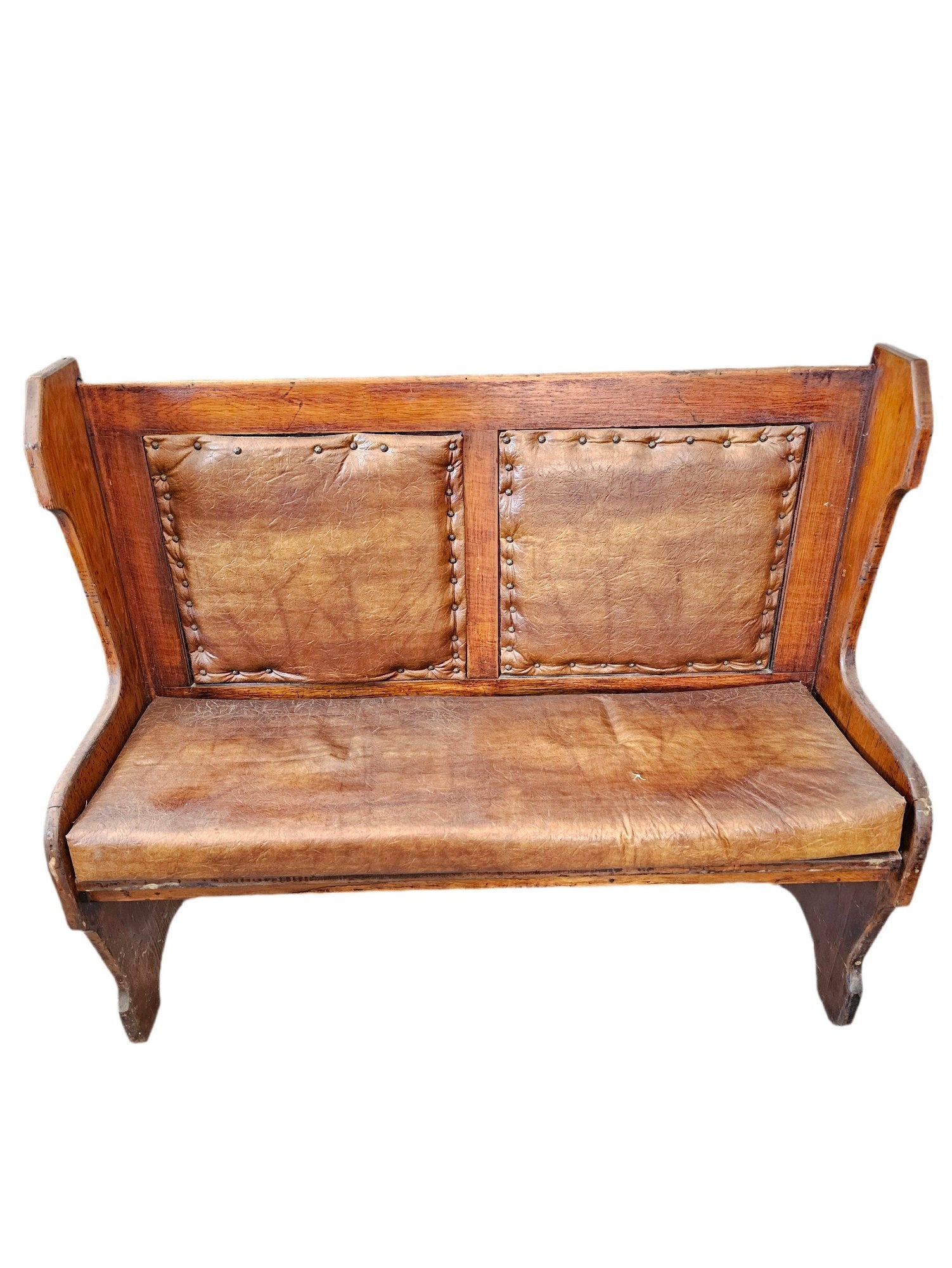 Matched Pair Of Antique Nineteenth Century Primitive Country Pine High Back Settle Benches With Leather Backing And Cushions