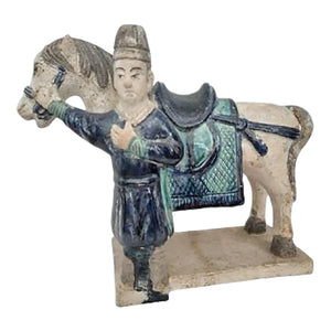Antique 16th Century Chinese Ming Dynasty Glazed Pottery Horse and Groom - Rare Cobalt Blue and Turquoise Mingqi