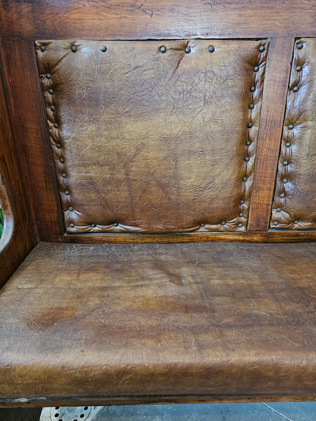 Matched Pair Of Antique Nineteenth Century Primitive Country Pine High Back Settle Benches With Leather Backing And Cushions