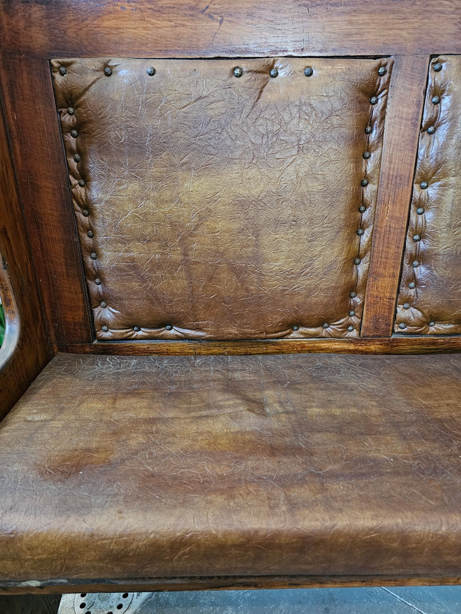 Matched Pair Of Antique Nineteenth Century Primitive Country Pine High Back Settle Benches With Leather Backing And Cushions