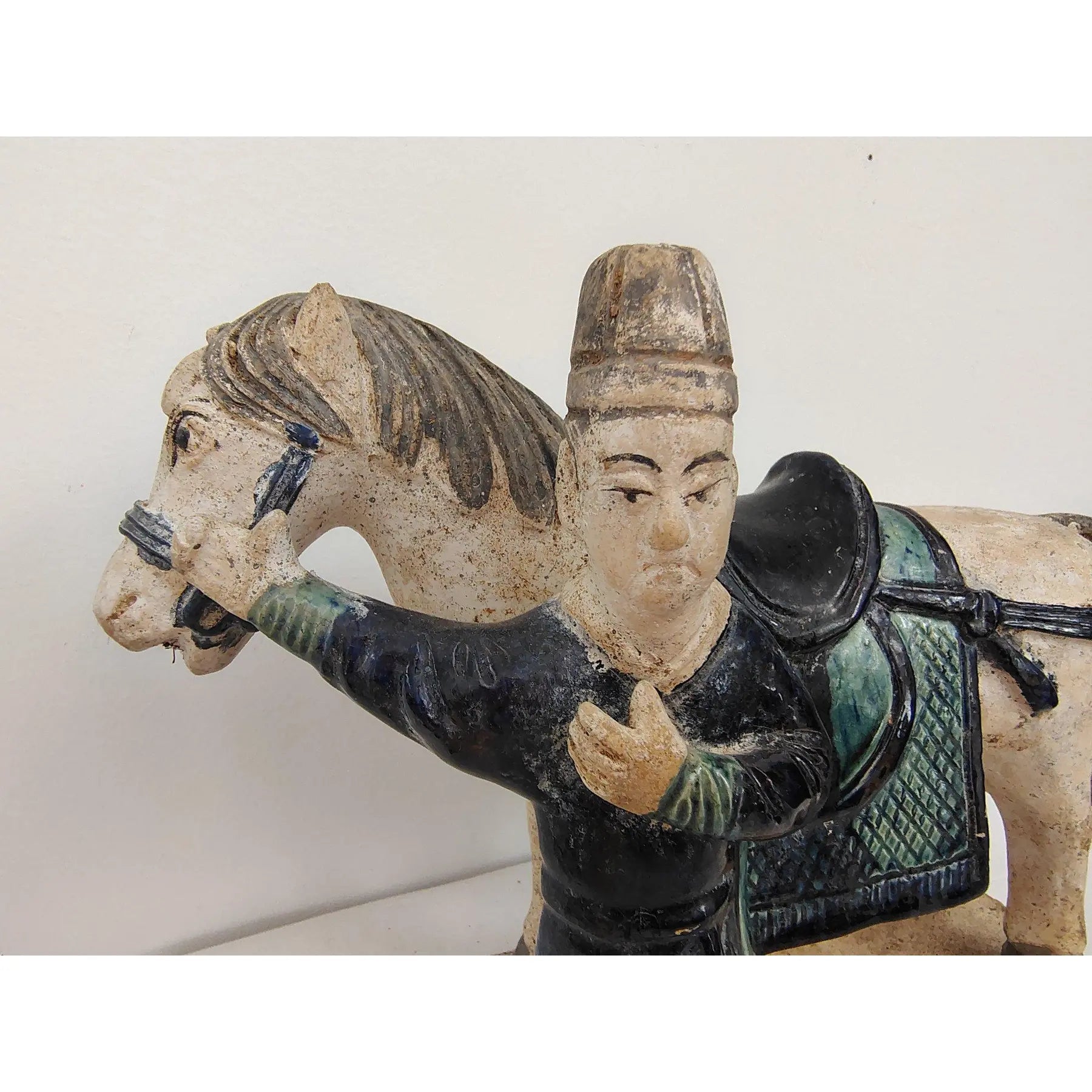 Antique 16th Century Chinese Ming Dynasty Glazed Pottery Horse and Groom - Rare Cobalt Blue and Turquoise Mingqi