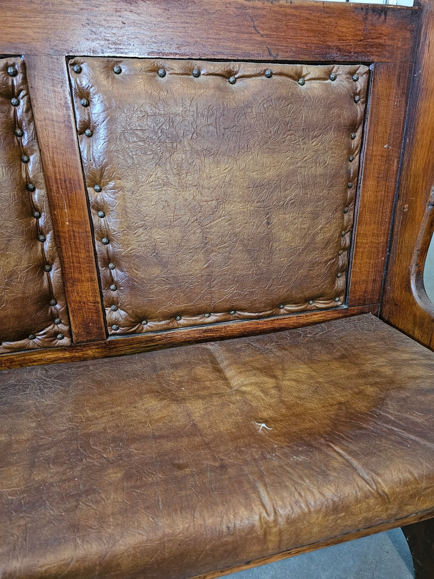 Matched Pair Of Antique Nineteenth Century Primitive Country Pine High Back Settle Benches With Leather Backing And Cushions