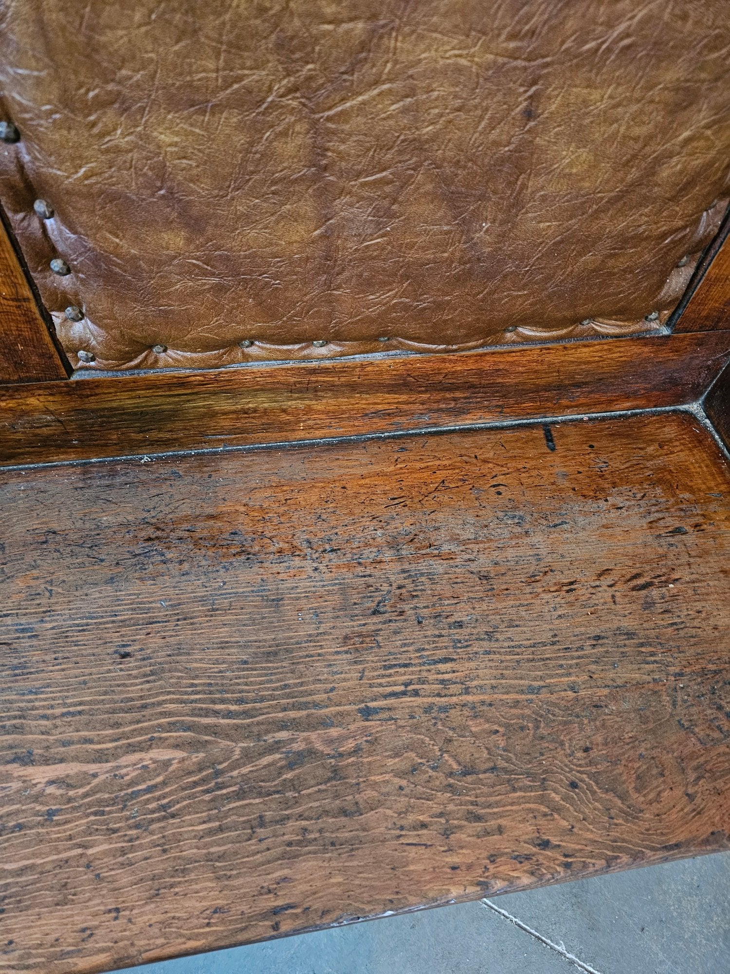 Matched Pair Of Antique Nineteenth Century Primitive Country Pine High Back Settle Benches With Leather Backing And Cushions