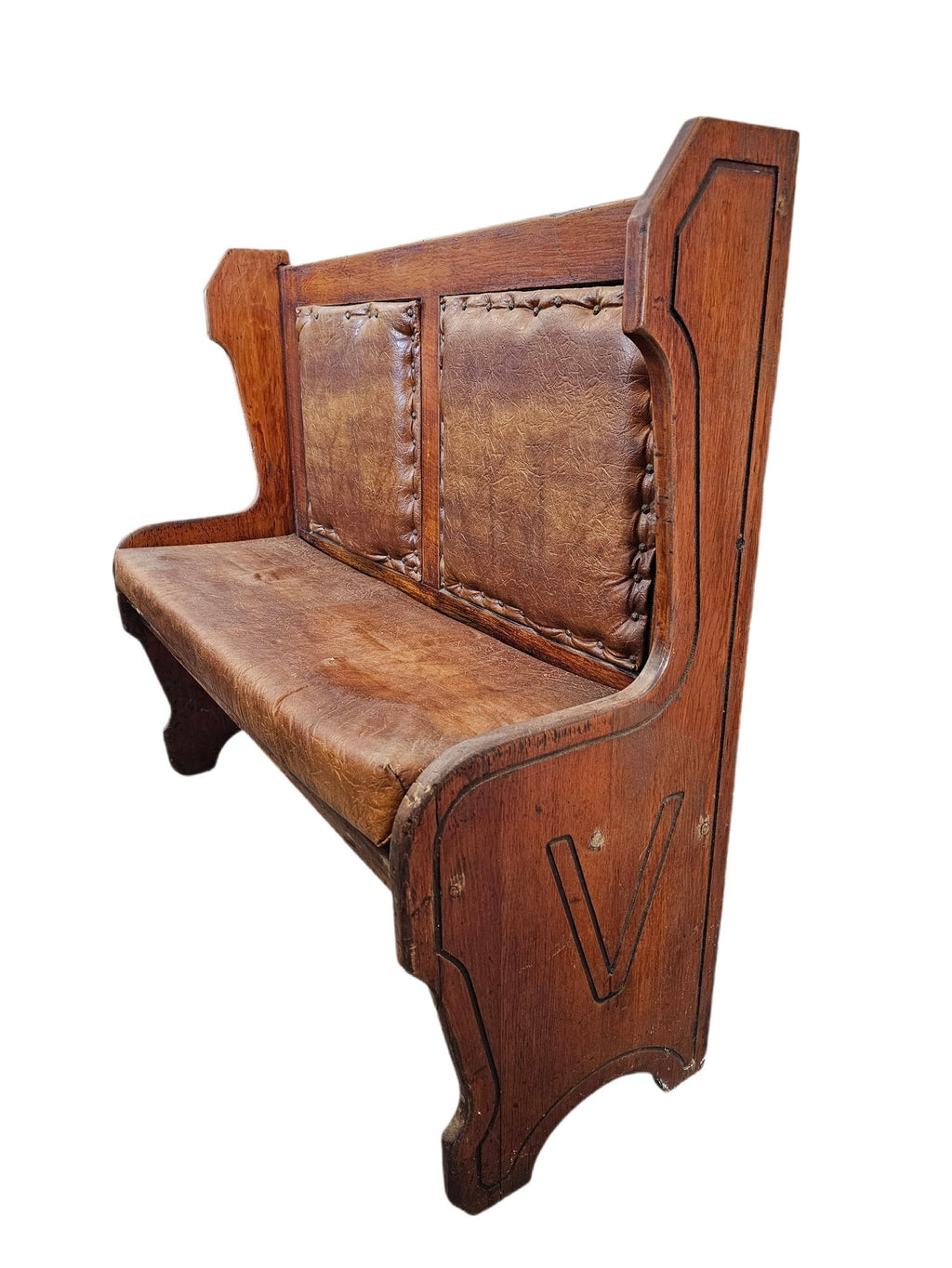 Matched Pair Of Antique Nineteenth Century Primitive Country Pine High Back Settle Benches With Leather Backing And Cushions
