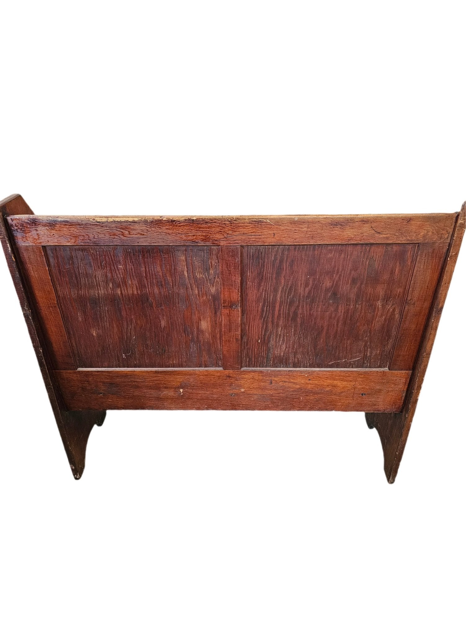 Matched Pair Of Antique Nineteenth Century Primitive Country Pine High Back Settle Benches With Leather Backing And Cushions