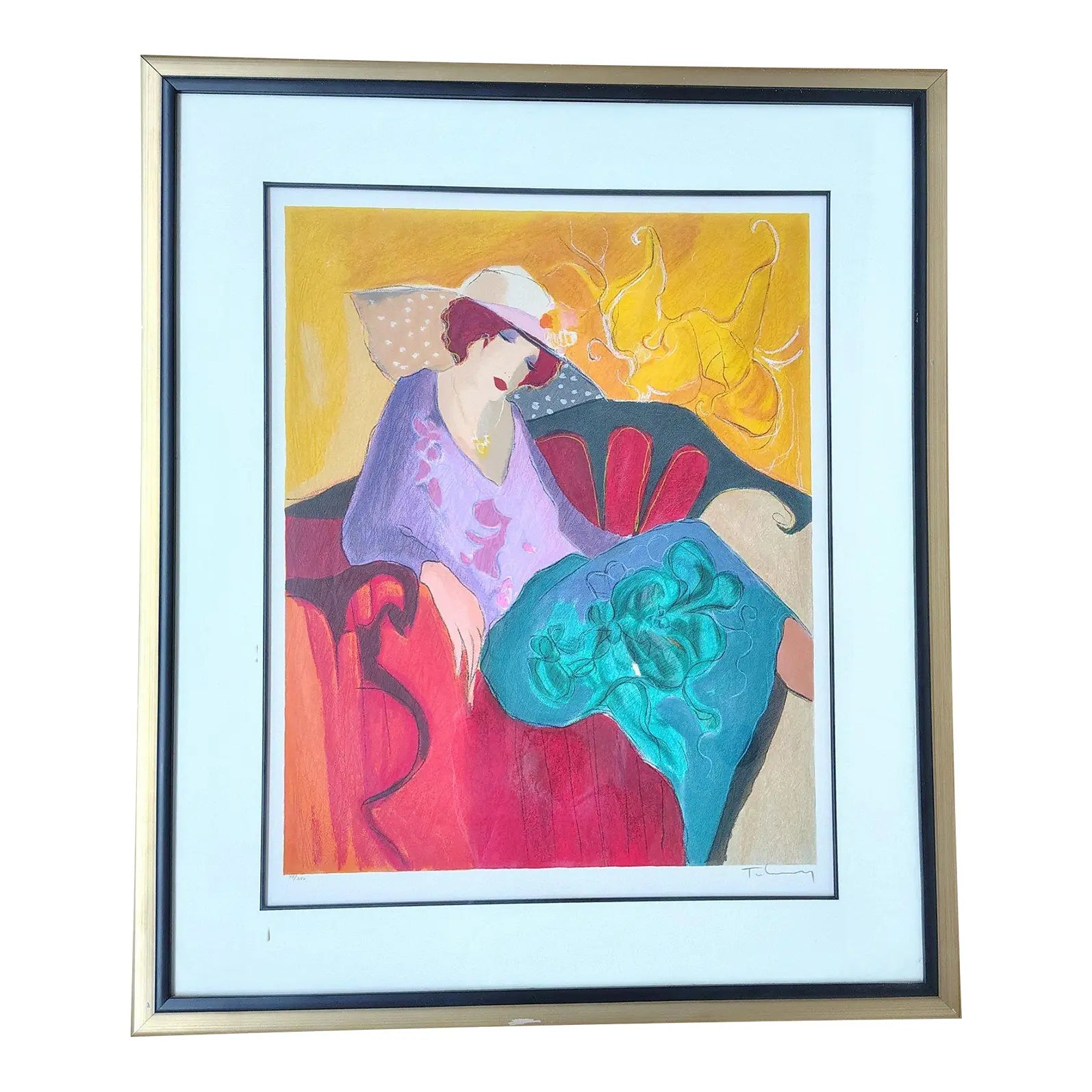 Impressive Hand-Signed Itzchak Tarkay Serigraph - Seated Lady in Purple - Limited Edition 75/350