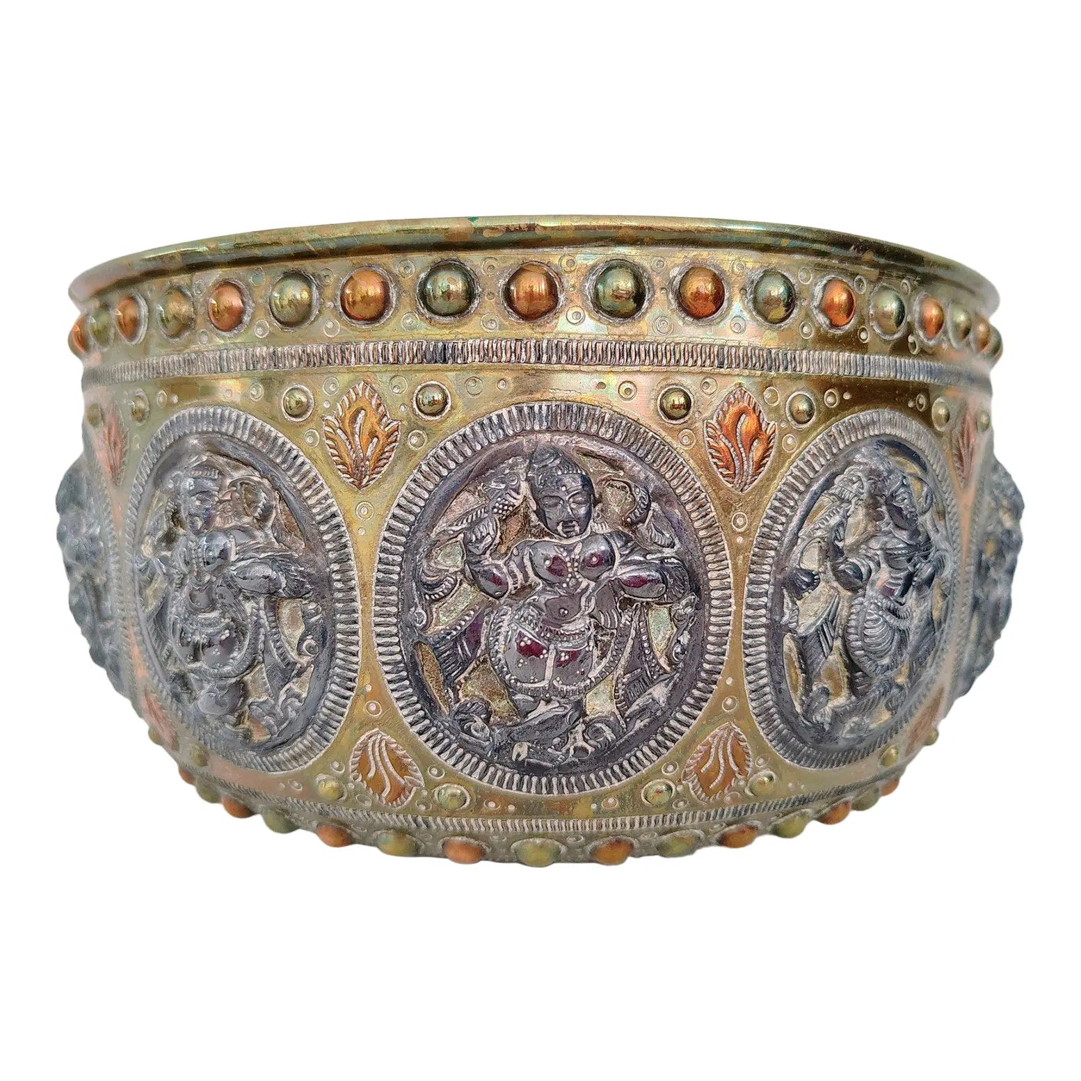 Antique 19th Century Thanjavur Tri-Metal Bowl - Hand-Hammered Silver and Copper on Brass - Tanjore South Indian Art