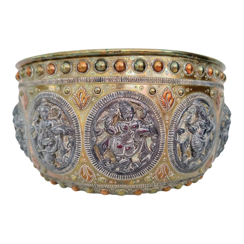 Antique 19th Century Thanjavur Tri-Metal Bowl - Hand-Hammered Silver and Copper on Brass - Tanjore South Indian Art