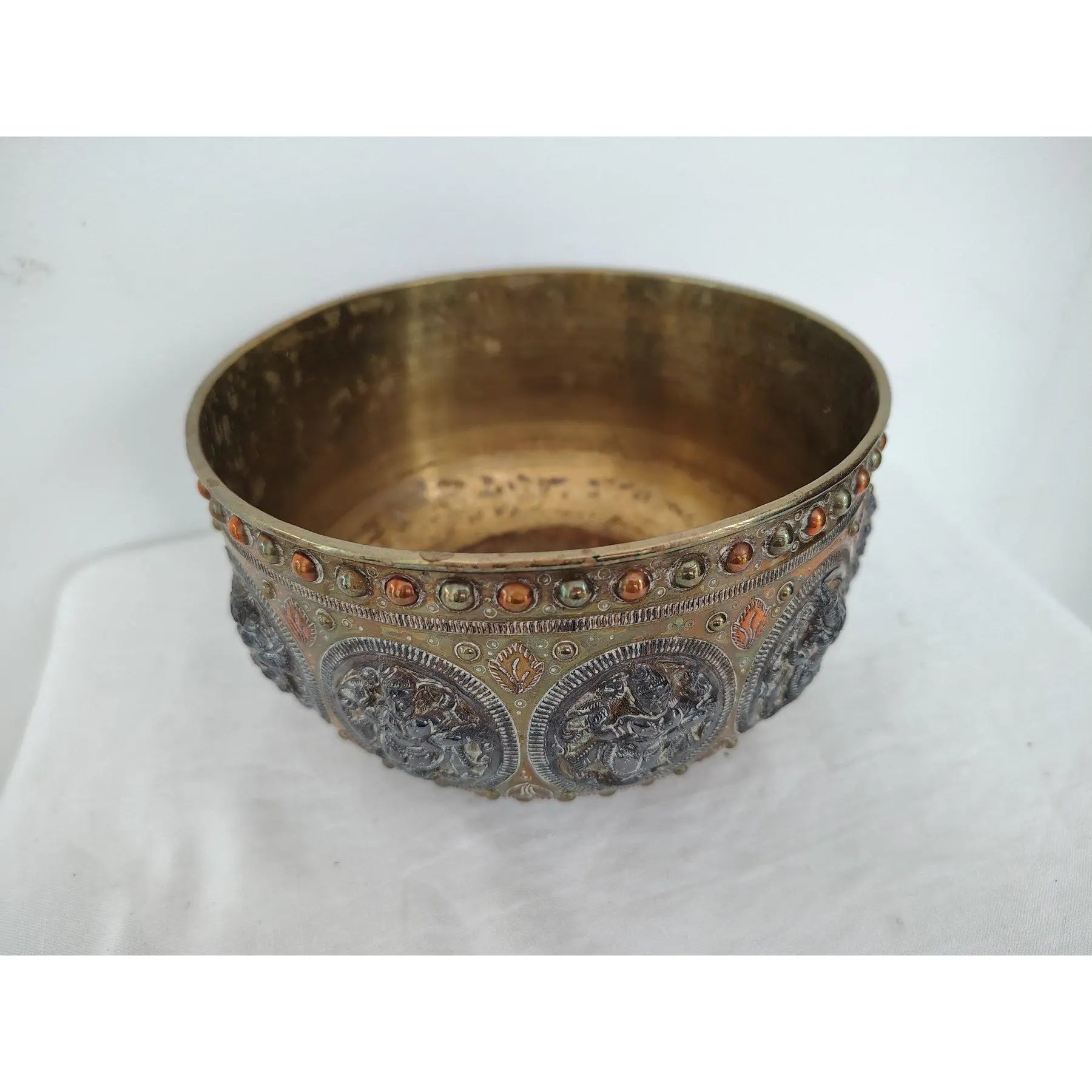 Antique 19th Century Thanjavur Tri-Metal Bowl - Hand-Hammered Silver and Copper on Brass - Tanjore South Indian Art