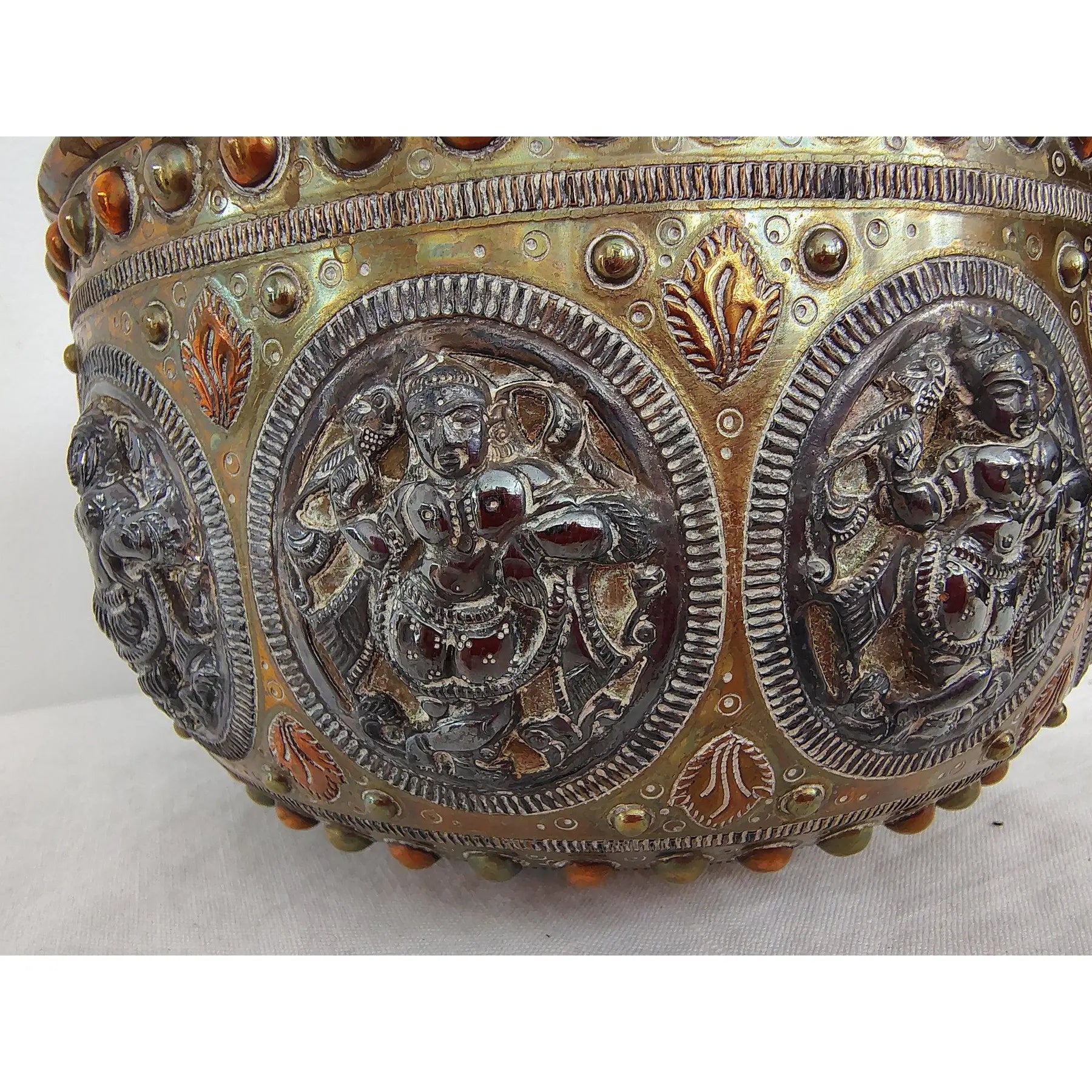 Antique 19th Century Thanjavur Tri-Metal Bowl - Hand-Hammered Silver and Copper on Brass - Tanjore South Indian Art