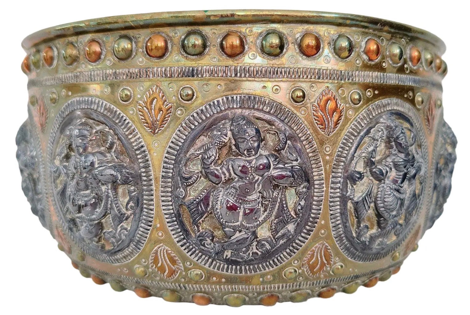 Antique 19th Century Thanjavur Tri-Metal Bowl - Hand-Hammered Silver and Copper on Brass - Tanjore South Indian Art