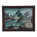Antique Meiji Period Japanese Reverse Glass Painting - Mother of Pearl Inlay - Cranes at Mt. Fuji - c. 1890