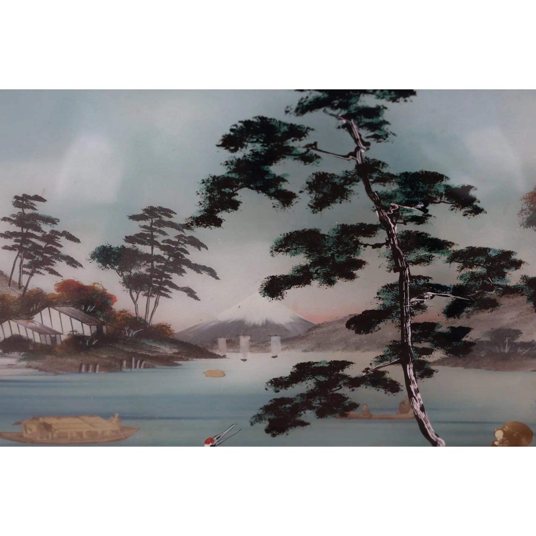 Antique Meiji Period Japanese Reverse Glass Painting - Mother of Pearl Inlay - Cranes at Mt. Fuji - c. 1890