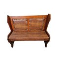 Matched Pair Of Antique Nineteenth Century Primitive Country Pine High Back Settle Benches With Leather Backing And Cushions
