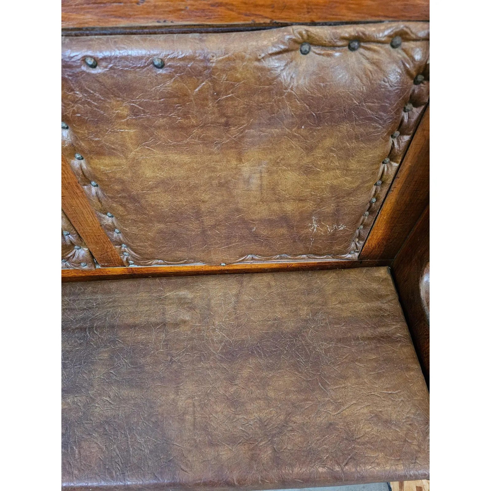 Matched Pair Of Antique Nineteenth Century Primitive Country Pine High Back Settle Benches With Leather Backing And Cushions