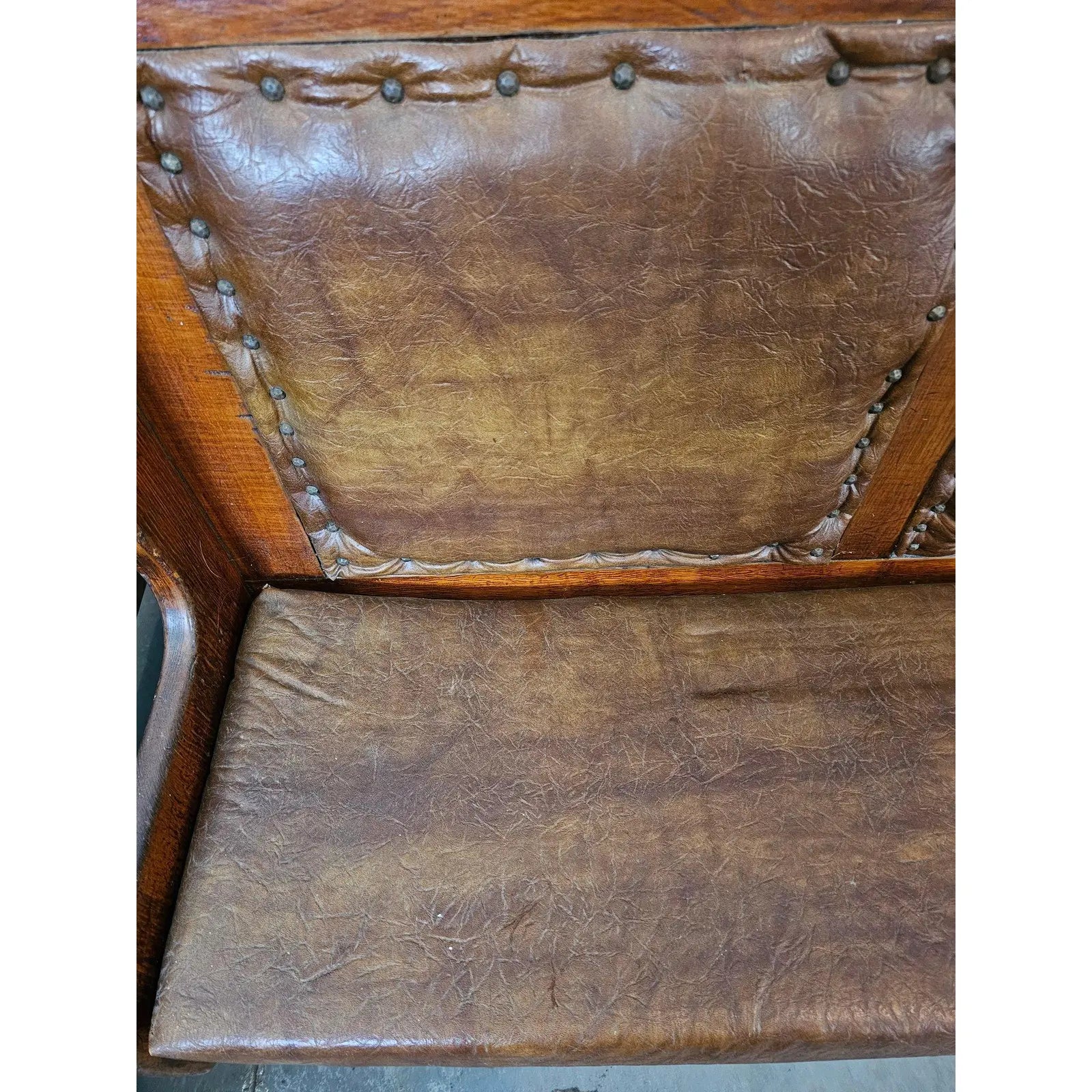 Matched Pair Of Antique Nineteenth Century Primitive Country Pine High Back Settle Benches With Leather Backing And Cushions